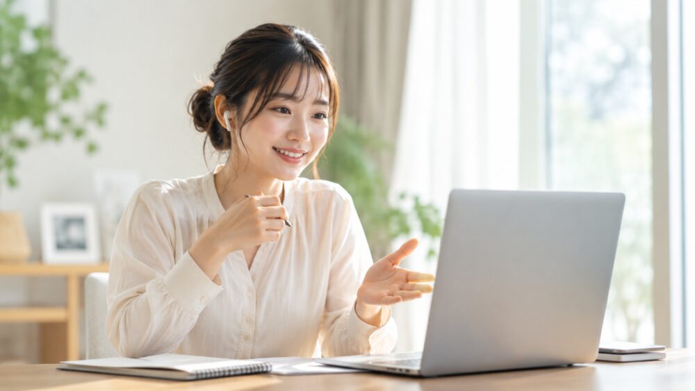 ノートPCを前に微笑む女性